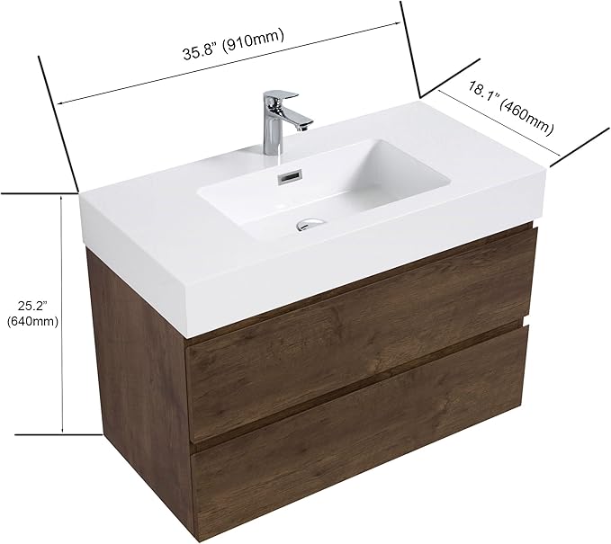 36" Floating Bathroom Vanity with Sink, Modern Bathroom Cabinet with Top and Soft Close Drawers, Spacious Storage for Small Space, Walnut - Lavanda Collection