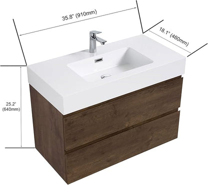 36" Floating Bathroom Vanity with Sink, Modern Bathroom Cabinet with Top and Soft Close Drawers, Spacious Storage for Small Space, Walnut - Lavanda Collection