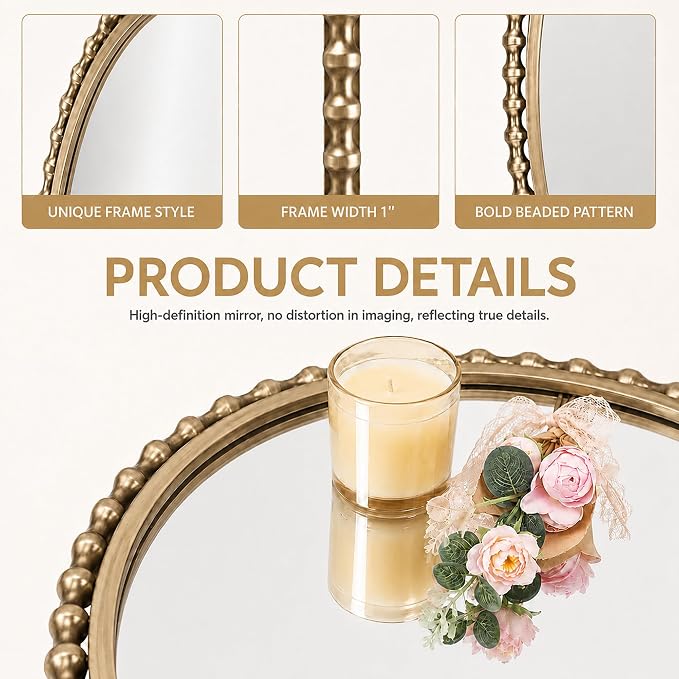 24"x36" Oval Wall Mirror, Antique Gold Bold Beaded Frame | Decorative oval mirror hangs vertically or horizontally for bathroom vanity, powder room, bedroom, entryway, or living room