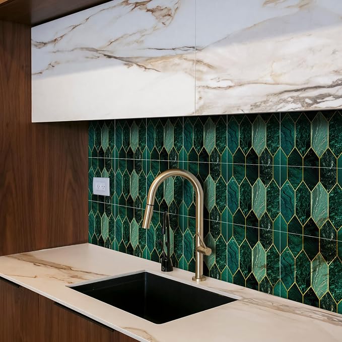 funlife Holographic Emerald Art Deco Peel and Stick Backsplash Self-Adhesive PVC Wall Tiles Easy DIY with Tools for Kitchen Bathroom and Laundry Room 5.9"x5.9"x50-Sheet Hex Emerald