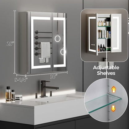 30 * 26 Bathroom Lighted Medicine Cabinet, Professional Makeup Medicine Cabinet Mirror, Large Storage LED Mirror with USBs, Stepless Dimming & Anti-Fog, 3-Color Light