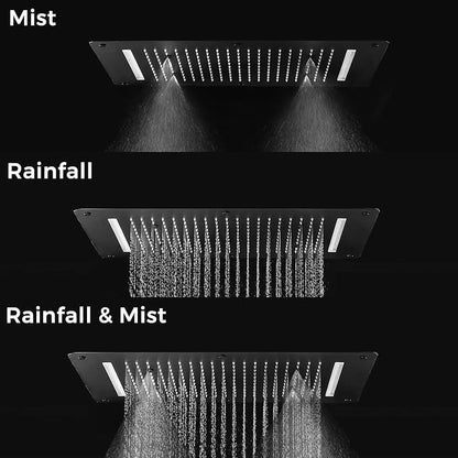 Luxury 20x14in LED Rainfall Mist Dual Shower System Can Run Togther | Brushed Gold 4-way Thermostatic Digital Display Brass Valve, Ceiling Flush Showerhead and 6in Tilt Shower, Brass Handheld