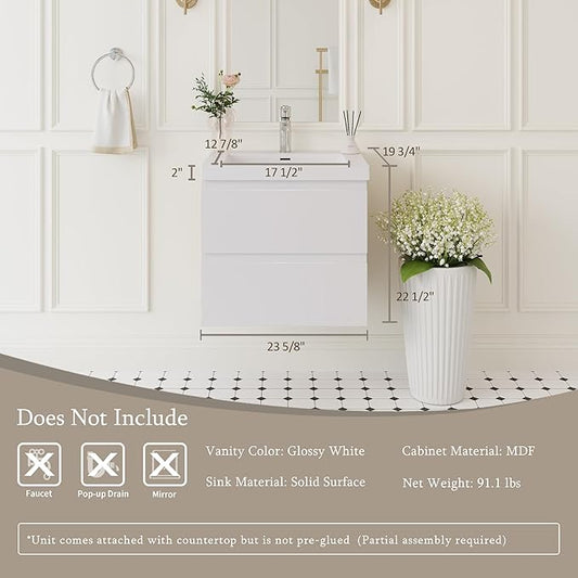 Floating Bathroom Vanity with Sink, 24" Wall-Mounted Bathroom Storage Vanity Cabinet with Resin Top Basin and Soft Close Drawers, No Assembly Required, Glossy White