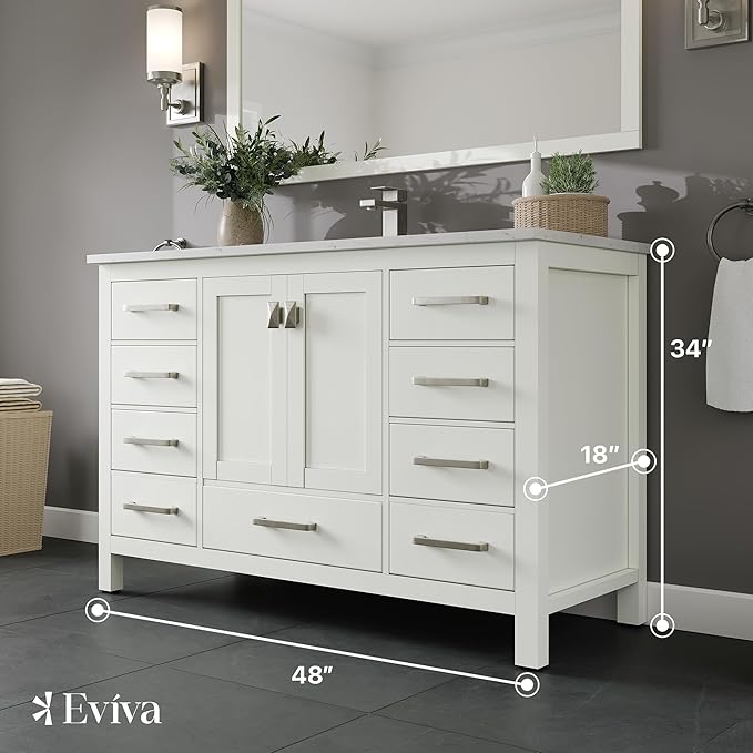 Eviva London 48 Bathroom Vanity with Top, Sink, and Quartz Countertop - Freestanding Single Sink Vanity for Modern Bathrooms