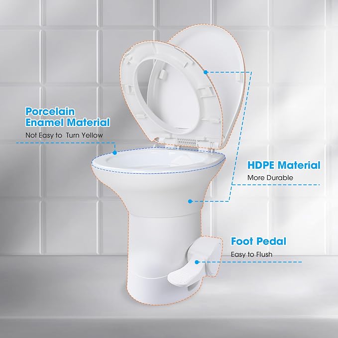 AW RV Camper Toilet with Bidet Spray, 20" High Gravity Flush Porcelain | Enamel & HDPE Elongated Toilet for Motorhome Caravan Travel Trailer