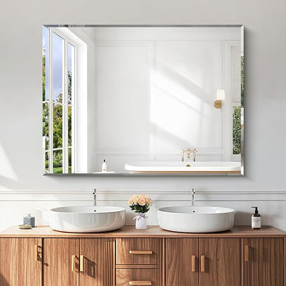 KOCUUY Beveled Mirror, 48x36 Inch Large Frameless Bathroom Mirror for Over Sink, Upgraded Shatterproof Beveled Unframed Design Mirror for Bathroom, Bedroom, Hang Horizontal/Vertical