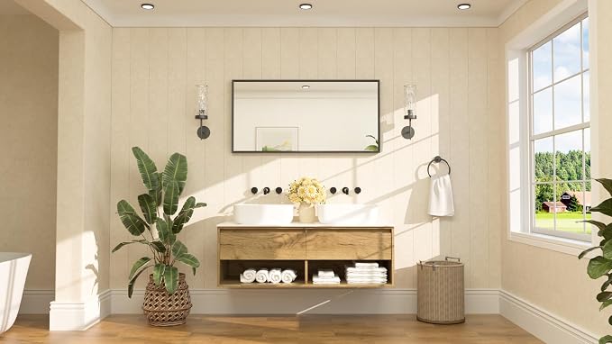 Black Bathroom Mirror Beveled Frame 48" x 24" Black Rectangle Metal Framed Bathroom Wall Vanity Mirror for Over Sink, Tempered Glass, Modern Farmhouse Bedroom, Entryway, Living Room