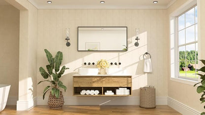 Black Bathroom Mirror Beveled Frame 48" x 24" Black Rectangle Metal Framed Bathroom Wall Vanity Mirror for Over Sink, Tempered Glass, Modern Farmhouse Bedroom, Entryway, Living Room