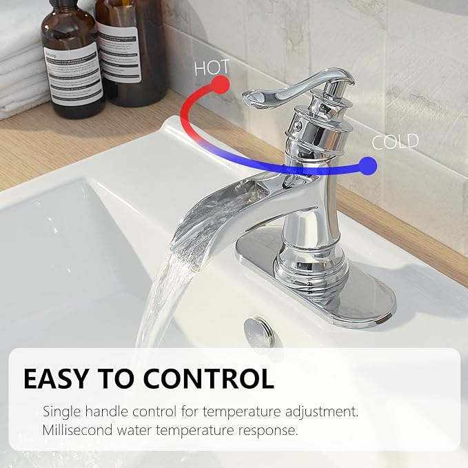 Bathroom Sink Faucet Waterfall Chrome Single Handle Single Hole | 1 Hole or 3 Hole,Pop-up Drain,Deck Panel,Supply Line,Easy to Clean,Simple Installation,Rust Resistant for Long-Lasting Use