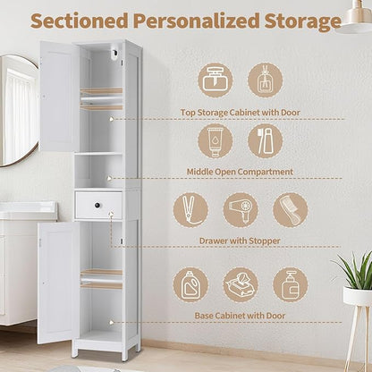 GarveeHome Tall Narrow Bathroom Cabinet, 66.9" Small Skinny Bathroom Storage Cabinet for Small Spaces | Freestanding Water Resistant Organizer for Bathroom, Kitchen, Hallway (1 Drawer, White)