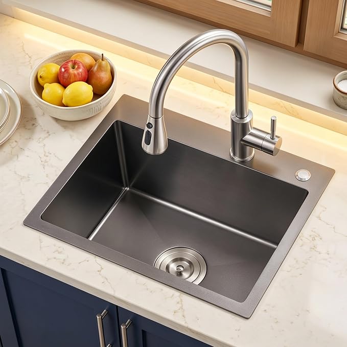 Drop in Kitchen Sink, 25x18x9 Inch | 304 Stainless Steel Single Bowl, Topmount with 2 Holes, R10 Tight Corner, for Modern Kitchen/RV/Outdoor Sink, Black