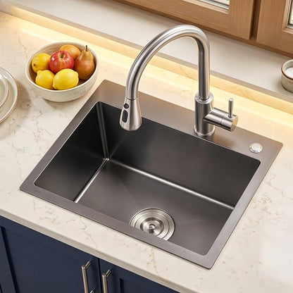Drop in Kitchen Sink, 25x18x9 Inch | 304 Stainless Steel Single Bowl, Topmount with 2 Holes, R10 Tight Corner, for Modern Kitchen/RV/Outdoor Sink, Black
