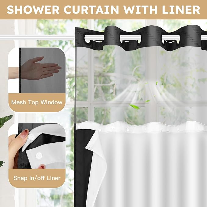 FADOTY Black No Hook Shower Curtain Set with Snap in Liner, 71'' x 86'' | Bathroom Hotel Fabric Curtain, Waterproof Washable Liner, See Through Top Window, Ringless Chevron Tufted Cloth Curtain