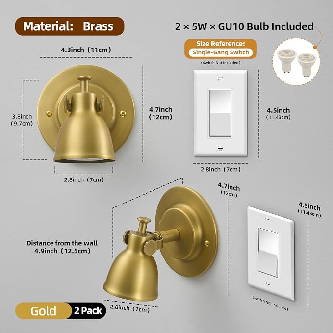 Gold Small Wall Sconce Hardwired Set of 2 - Vintage Brass Mini Bell Light | Adjustable Art Deco Fixture with Dimmable Bulb, for Bedside Reading Bedroom Hallway Kitchen Bathroom Vanity Picture Light