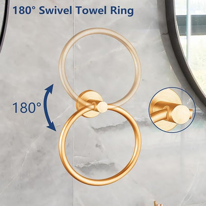 Brushed Gold Bathroom Hardware Set, Towel Ring & Toilet Paper Holder, Stainless Steel SUS304, Hand Towel Hanger & Toilet Roll Holder, Sturdy Bathroom Accessories for Home or Kitchen