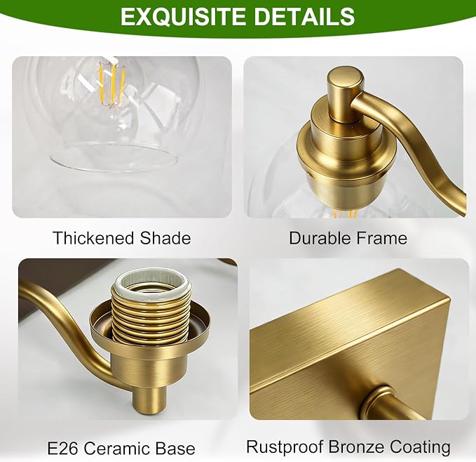 IZORRO Bathroom Light Fixtures, 3-Light Brushed Gold Vanity Light, Modern Wall Sconces with Globe Clear Glass Shade, Vanity Lighting Fixtures Over Mirror,E26 Bulb Socket