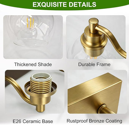 IZORRO Bathroom Light Fixtures, 3-Light Brushed Gold Vanity Light, Modern Wall Sconces with Globe Clear Glass Shade, Vanity Lighting Fixtures Over Mirror,E26 Bulb Socket