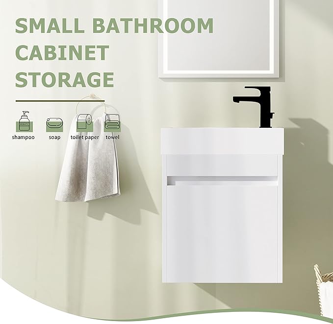 18" Bathroom Vanity with Sink, 18 Inch Floating Bathroom Vanity for Small Space, Modern Bathroom Vanity, White Wall Mounted Cabinet Set（005）