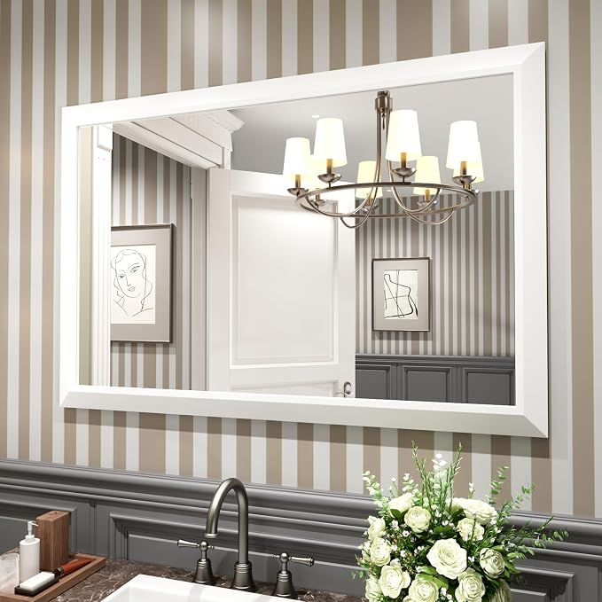 Bathroom Mirror for Wall, 48x32 Inch (White) | HD Reflection, Tempered Glass, Thick Metal Framed Rectangle Mirrors for Over Sink, Vanity, Bedroom, Living Room, Entryway