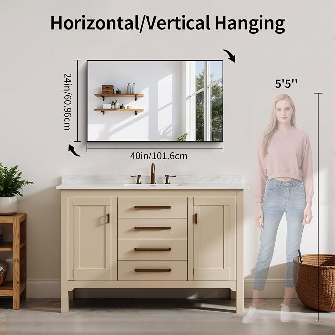 YIROMAN Bathroom Mirror 24"x40", Matte Black Bathroom Mirror for Over Sink with Aluminum Frame, Rectangular Vanity Mirror with Right Angles, Wall Mirror Hangs Horizontal or Vertical, Shatterproof