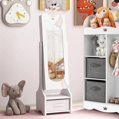 CHARMAID Kids Mirror Jewelry Cabinet - 45.5'' Full Length Mirror with Jewelry Storage, Standing Jewelry Armoire with Drawers, Kids Jewelry Organizer Box Vanity Dressing Mirror for Girls (White)