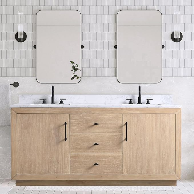 Vanity Art 72 inch Double Sink Bathroom Vanity, Vanity Cabinet with Doors and Shelf, Modern Wood Bathroom Vanity with White Marble Top, Solid Wood Frame, 3 Functioning Drawers,VA70-72-DLW-E