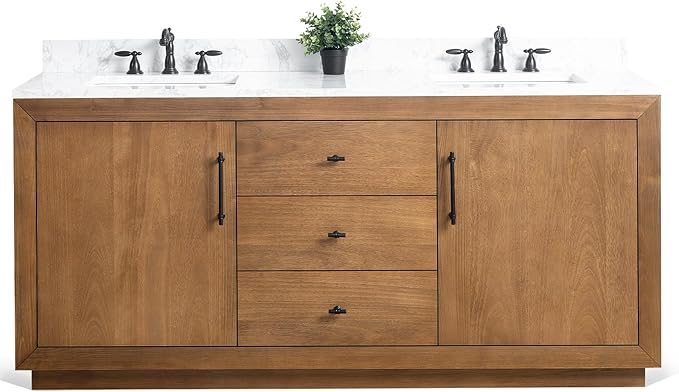HOMEBEYOND 72" Bathroom Vanity with Double Sink & Ceramic Top, MDF Material Vanity Cabinet with Basin Combo, Soft-Closing Doors, Removable Shelf, Backsplash, Tan