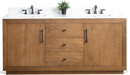 HOMEBEYOND 72" Bathroom Vanity with Double Sink & Ceramic Top, MDF Material Vanity Cabinet with Basin Combo, Soft-Closing Doors, Removable Shelf, Backsplash, Tan