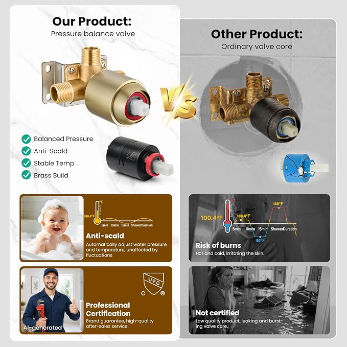 gotonovo Shower Faucet Set with Valve Kit 6 Mode Handheld Brushed Gold | Bathroom Shower Head and Handle Set,6 Modes ABS Handheld Spray,Pressure Balance Valve and Trim Kit Complete,Single-Handle