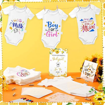 Panitay 126 Pcs Baby Shower DIY Bodysuit Set Bib 25 Blank White Newborn Bodysuit 25 Stencils 24 Marker 1 Sign 50 Pins(Bee)