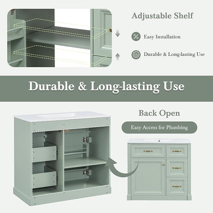36" Bathroom Vanity with Ceramic Sink,Modern Freestanding Storage Cabinet w/Soft-Close Door and 2 Tip-Out & 2 Drawers,Undermount Single Basin Bath Vanity Set w/Adjustable Shelf,Green