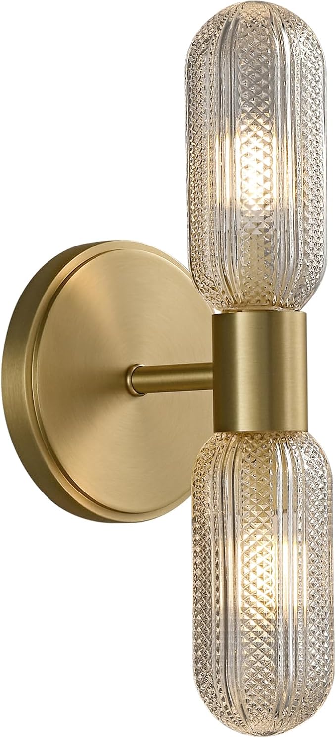 Brushed Brass Wall Sconce, Knurled Double Glass, Bulb Included | 12.3in 2-Light Hardwired Wall Light,Perfect for Bathroom Living Room Vanity Mirror Bedroom Hallway and Entryway