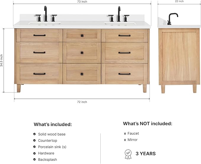 ARIEL Monroe 72-inch Bathroom Vanity with Sink,Solid Wood, 1.5-inch Pure White Quartz Countertop & Backsplash, Double Oval Porcelain Sink, 9 Dovetail Drawers, Matte Black, White Oak