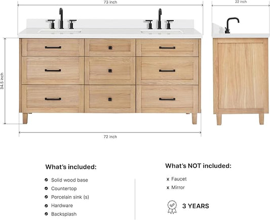 ARIEL Monroe 72-inch Bathroom Vanity with Sink,Solid Wood, 1.5-inch Pure White Quartz Countertop & Backsplash, Double Oval Porcelain Sink, 9 Dovetail Drawers, Matte Black, White Oak