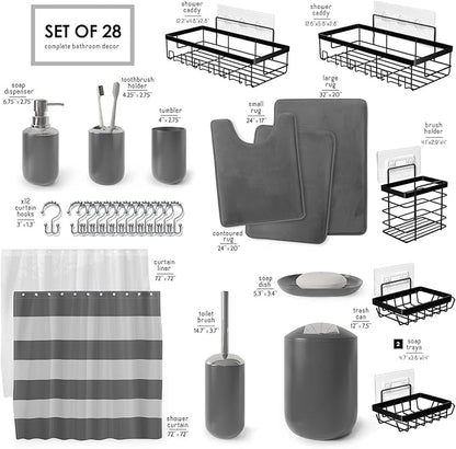 Clara Clark Bathroom Accessories Set - 28PC Bathroom Set with Adhesive Corner Shower Caddy Hanging, Bathroom Sets with Shower Curtain and Rugs, Grey Shower Curtain Set with Bathroom Trash Can