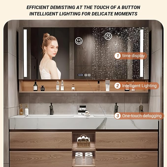 Double Sink Bathroom Vanities, 100IN Bathroom Vanity Cabinet Include LED Smart Defogging Mirror and Open Shelf, Solid Wood Bathroom Sink Vanity with Integrated Sink and Drawers Storage (Wood)