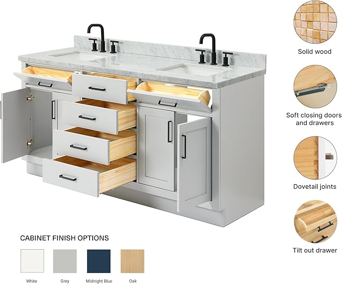 ARIEL Hepburn 72-inch Bathroom Vanity with Sink,Solid Wood, 1.5-inch Italian Carrara Marble Countertop, Double Rectangular Porcelain Sink, 4 Soft Closing Doors, 6 Dovetail Drawers, Grey