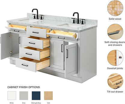ARIEL Hepburn 72-inch Bathroom Vanity with Sink,Solid Wood, 1.5-inch Italian Carrara Marble Countertop, Double Rectangular Porcelain Sink, 4 Soft Closing Doors, 6 Dovetail Drawers, Grey