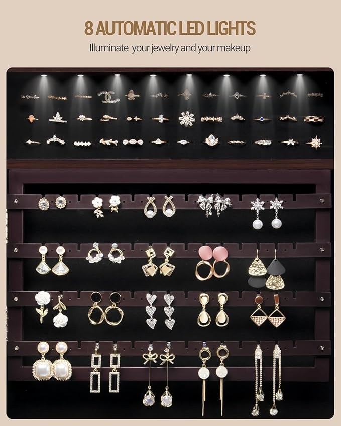 Hzuaneri 8 LEDs Jewelry Cabinet Armoire, 66.9-inch Jewelry Organizer | Lockable Full-length Mirror with Garment Rack & 4 Wheels, Storage Shelves with Hooks, 5-in-1, Brown JC17019B