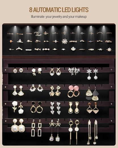 Hzuaneri 8 LEDs Jewelry Cabinet Armoire, 66.9-inch Jewelry Organizer | Lockable Full-length Mirror with Garment Rack & 4 Wheels, Storage Shelves with Hooks, 5-in-1, Brown JC17019B