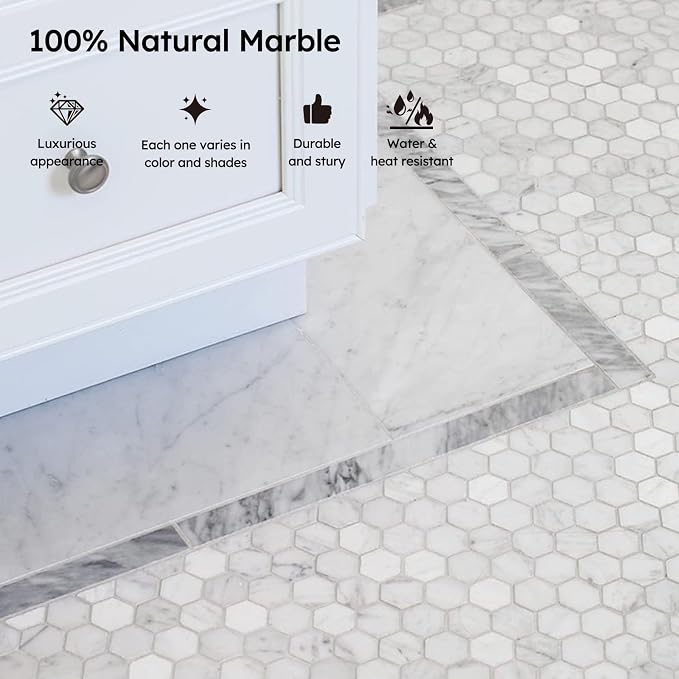 Carrara White Marble Mosaic Tile,1 Inch Hexagon, Honed, 5 Sheets | Natural Bianco Carrera, Marble Stone Backsplash Tiles for Kitchen, Bathroom, Shower Wall and Floor