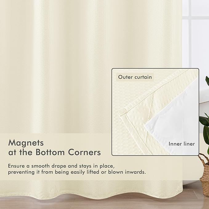 No Hook Cream Shower Curtain with Snap-in Fabric Liner 71x74 | Embossed Waffle-Look Textured, Sheer Window, Soft & Lightweight, Water Repellent Fabric Shower Curtain for Bathroom