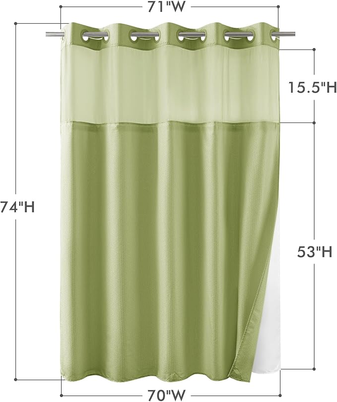 No Hook Shower Curtain with Snap-in Liner, Embossed Waffle Design Fabric Shower Curtain for Bathroom, Soft & Lightweight, 71x74, Sage Green