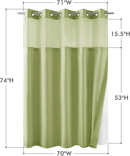 No Hook Shower Curtain with Snap-in Liner, Embossed Waffle Design Fabric Shower Curtain for Bathroom, Soft & Lightweight, 71x74, Sage Green