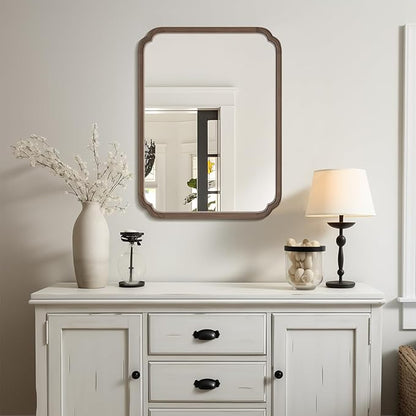 WallBeyond 30" x 40" Wood Bathroom Mirror for Wall Mounted, Rustic Rounded Corner Vanity Mirror for Entryway, Living Room or Bedroom Home Decorative [30" x 40" Walnut Color]