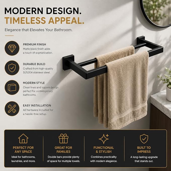 5-Piece Bathroom Hardware Set, 23.6" Double Towel Bar & Wall Mounted Bathroom Accessories, SUS304 Stainless Steel Solid Metal Construction, Modern Square Design for Contemporary Bathrooms, Matte Black