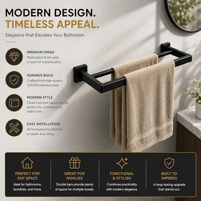 5-Piece Bathroom Hardware Set with 23.6" Double Towel Bar and Toilet Paper Holder Shelf, Wall Mounted Bathroom Accessories, Heavy Duty Stainless Steel Solid Metal, Modern Square Design, Matte Black