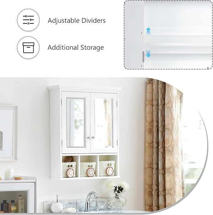 Medicine Cabinet, Bathroom Organiser, Wall Mounted Bathroom Cabinet with Mirror with 2 Adjustable Shelves and 3 Storage Baskets for Laundry Room, Kitchen