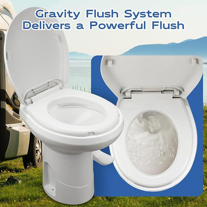 Gravity Flush RV Toilet, White, ABS Plastic with Foot Pedal Flush Mechanism, Standard Height, RV-Specific Model