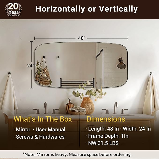 Brushed Nickel Bathroom Mirror, 24x48 Oblong Mirror with Stainless Steel Metal Frame, Silver Oval Vanity Mirror for Over Sink, Modern Anti Rust Wall Mounted